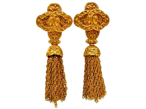 Vintage Chanel earrings CC logo tassel fringe dangle
