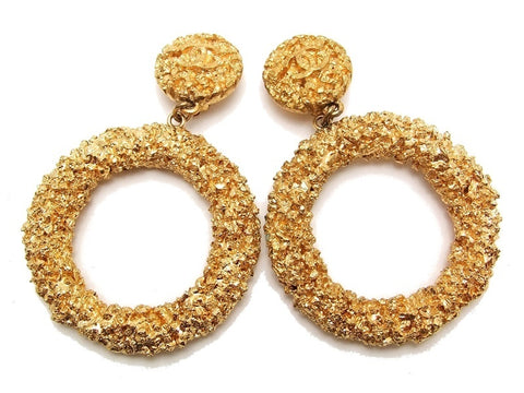 Authentic vintage Chanel earrings gold CC swing huge hoop dangle