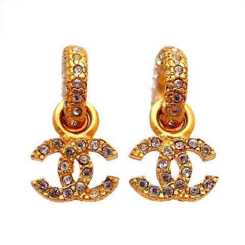 Auth vintage Chanel stud pierced earrings CC logo rhinestone dangle 01P