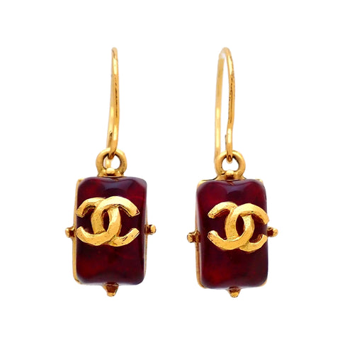 Auth vintage Chanel stud pierced earrings CC red plastic stone dangle