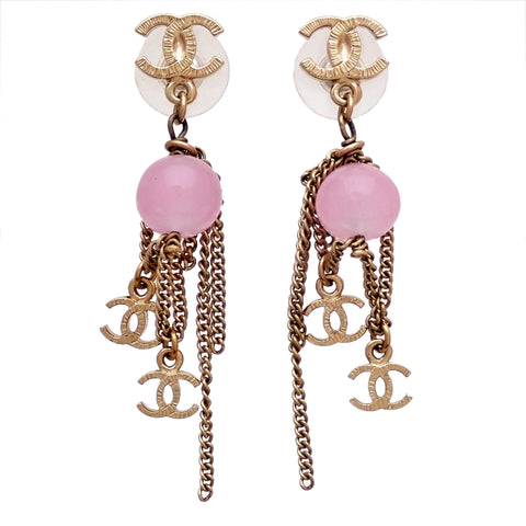Auth vintage Chanel stud pierced earrings pink stone CC logo chain dangle