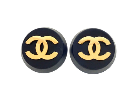 Authentic vintage Chanel earrings black round gold CC logo