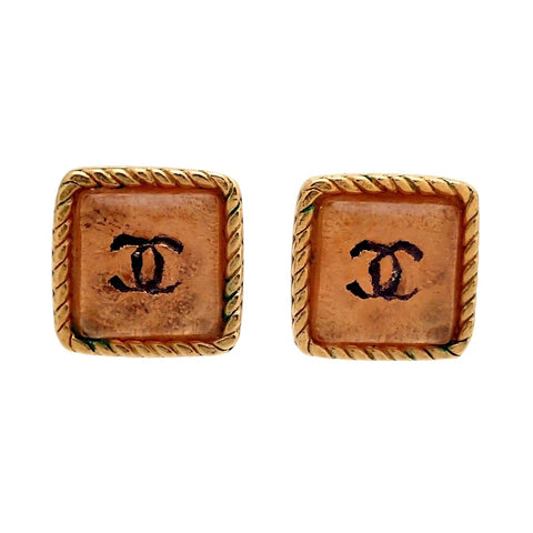 Auth Vintage Chanel stud earrings CC logo glass stone brown square