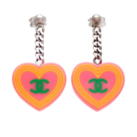 Auth Vintage Chanel stud earrings CC logo heart pink dangle