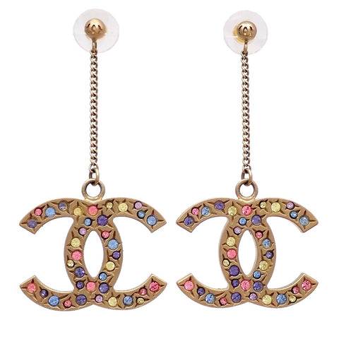 Auth Vintage Chanel stud earrings CC logo chain rhinestone dangle