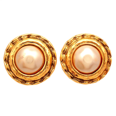 Authentic Vintage Chanel clip on earrings CC logo faux pearl round