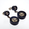 Auth Vintage Chanel stud earrings CC logo button black dangle