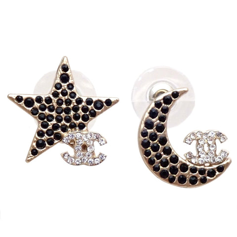 Auth Vintage Chanel stud earrings CC logo moon star rhinestone black