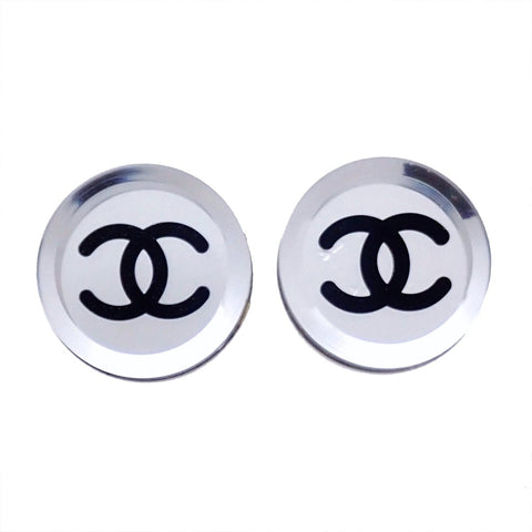 Auth Vintage Chanel stud earrings CC logo black mirror clear round