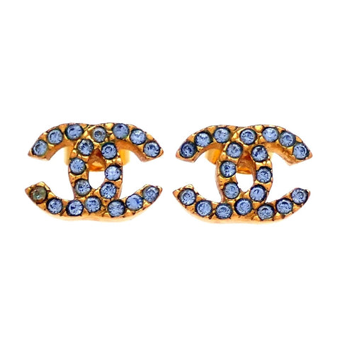 Auth Vintage Chanel stud earrings CC logo double C blue rhinestone