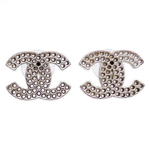 Auth Vintage Chanel stud earrings CC logo double C punched silver