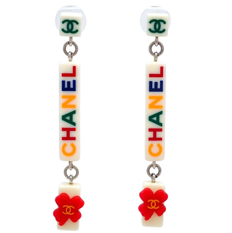 Auth Vintage Chanel stud earrings CC logo clover multi color dangle