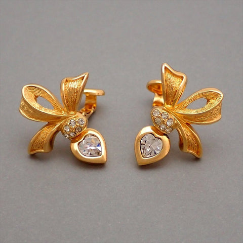 Authentic Vintage Christian Dior clip on earrings ribbon heart rhinestone