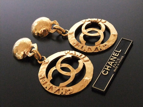 Authentic vintage Chanel earrings gold swing CC hoop dangle huge