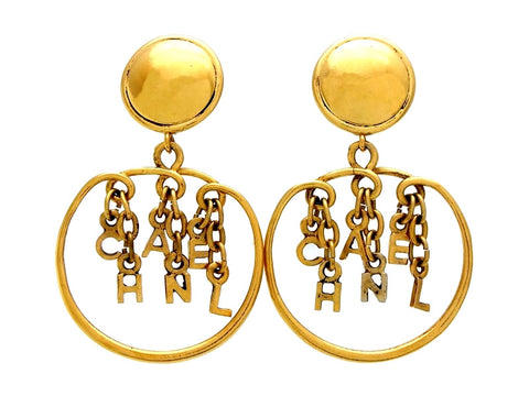 Vintage Chanel earrings logo dangle hoop
