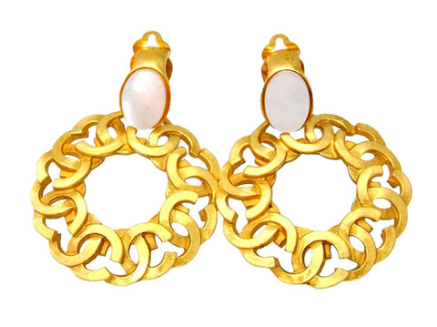 Vintage Chanel earrings CC logo hoop white stone
