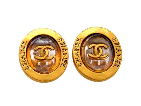Vintage Chanel earrings CC logo round clear glass
