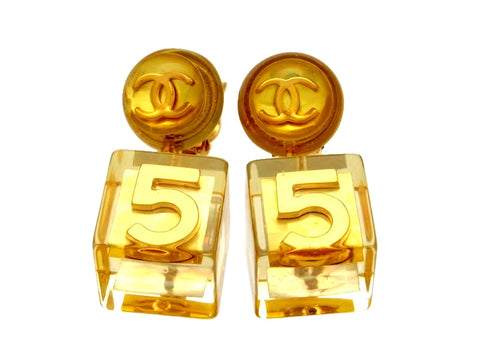 Vintage Chanel earrings gold No.5 cube dangle