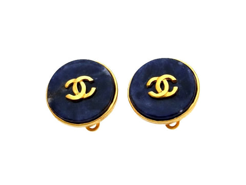 Vintage Chanel earrings CC logo navy stone