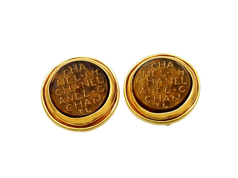 Vintage Chanel earrings logo brown glass round