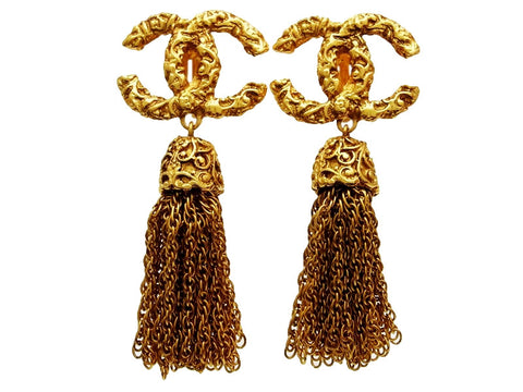 Vintage Chanel earrings CC logo fringe tassel dangle