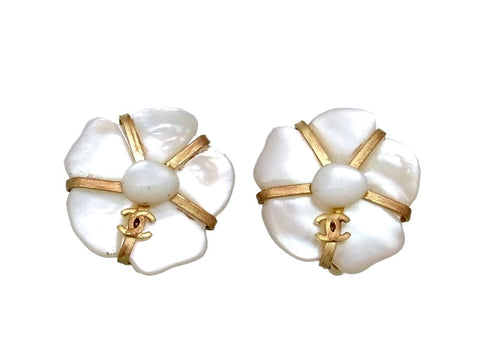 Vintage Chanel earrings CC logo white stone flower