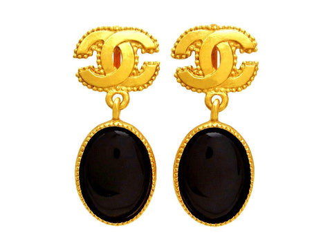 Vintage Chanel earrings CC logo black stone dangle