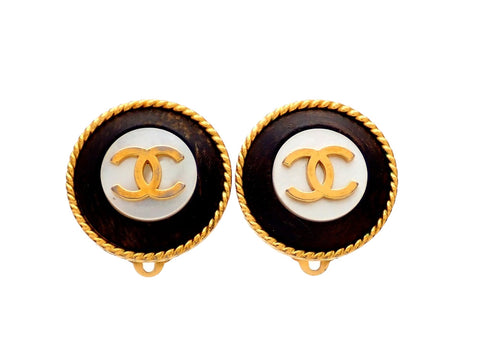 Authentic vintage Chanel earrings gold CC Round Black Wood White