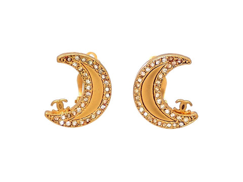 Authentic vintage Chanel earrings double C moon rhinestones