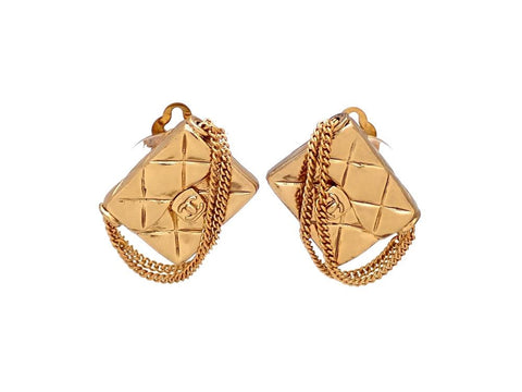 Authentic vintage Chanel earrings gold quilted bag