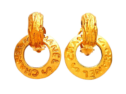 Authentic vintage Chanel earrings engraved leter hoop dangled