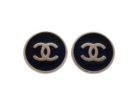 Authentic vintage Chanel earrings Silver Black Round CC logo