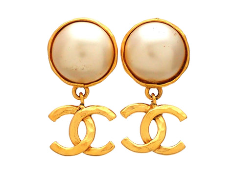 Authentic vintage Chanel earrings Faux Pearl Round CC logo Double C Dangled