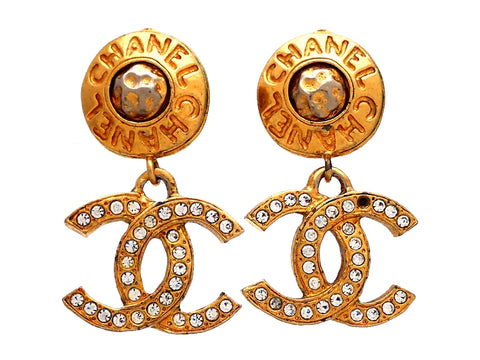 Authentic vintage Chanel earrings CC Letter logo Rhinestone Double C Dangled