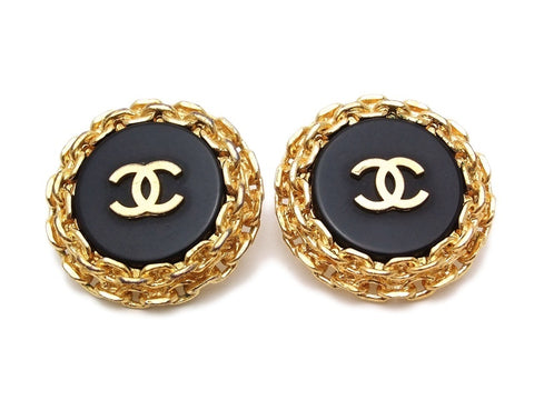 Authentic vintage Chanel earrings black gold CC large round