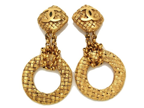 Authentic vintage Chanel earrings gold CC swing chain hoop clip on