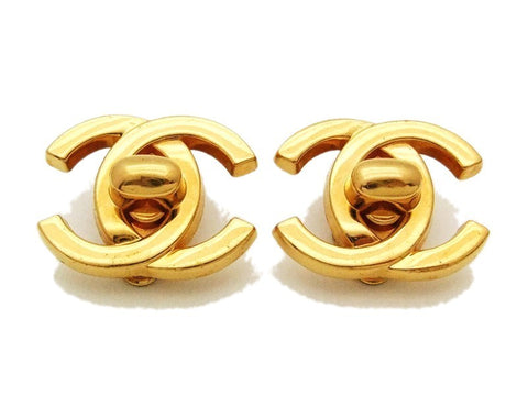 Authentic vintage Chanel earrings gold large turnlock CC