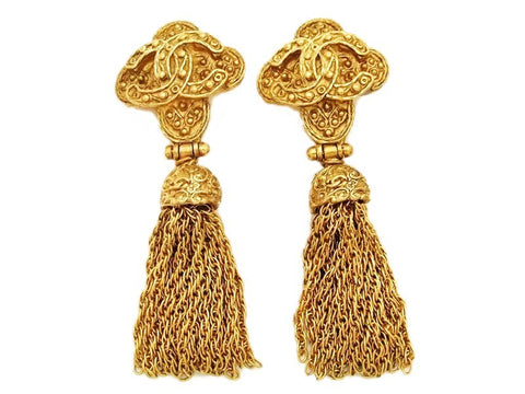 Authentic vintage Chanel earrings gold CC cross fringe tassel dangle