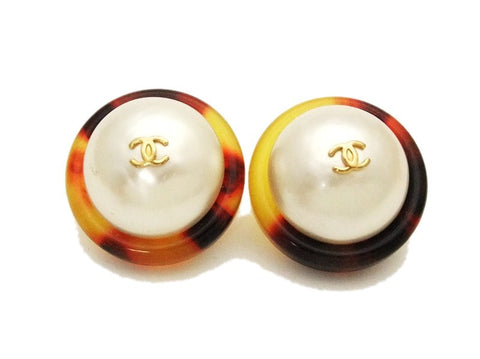 Authentic vintage Chanel earrings gold CC pearl tortoiseshell round