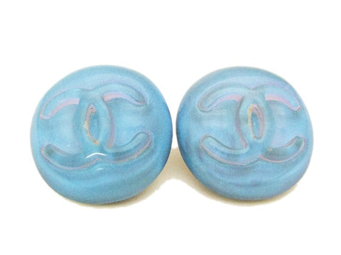 Authentic vintage Chanel earrings CC clear light blue plastic round