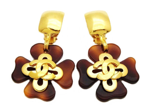 Authentic vintage Chanel earrings gold CC brown clover dangle jewelry