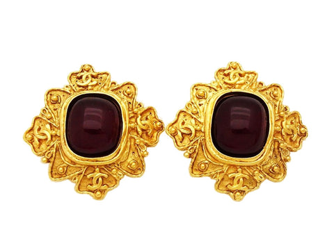 Authentic vintage Chanel earrings gold CC logo red glass stone rhombus