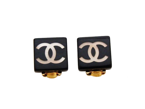 Authentic vintage Chanel earrings CC logo black square plastic small