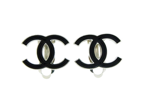 Chanel earring black silver CC logo double C Authentic