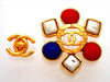 Authentic Vintage Chanel pin brooch Multi color stone CC logo Round