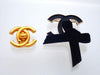 Authentic Vintage Chanel pin brooch Silver CC logo Double C Black Ribbon