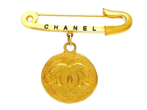 Vintage Chanel safety pin brooch CC logo round dangling Authentic