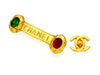 Vintage Chanel pin brooch logo red green stone