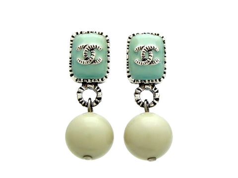 Vintage Chanel stud earrings CC logo green ball dangle