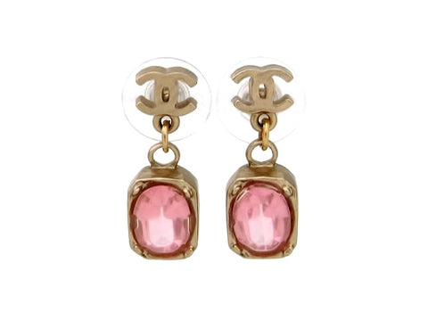 Vintage Chanel stud earrings CC logo pink stone